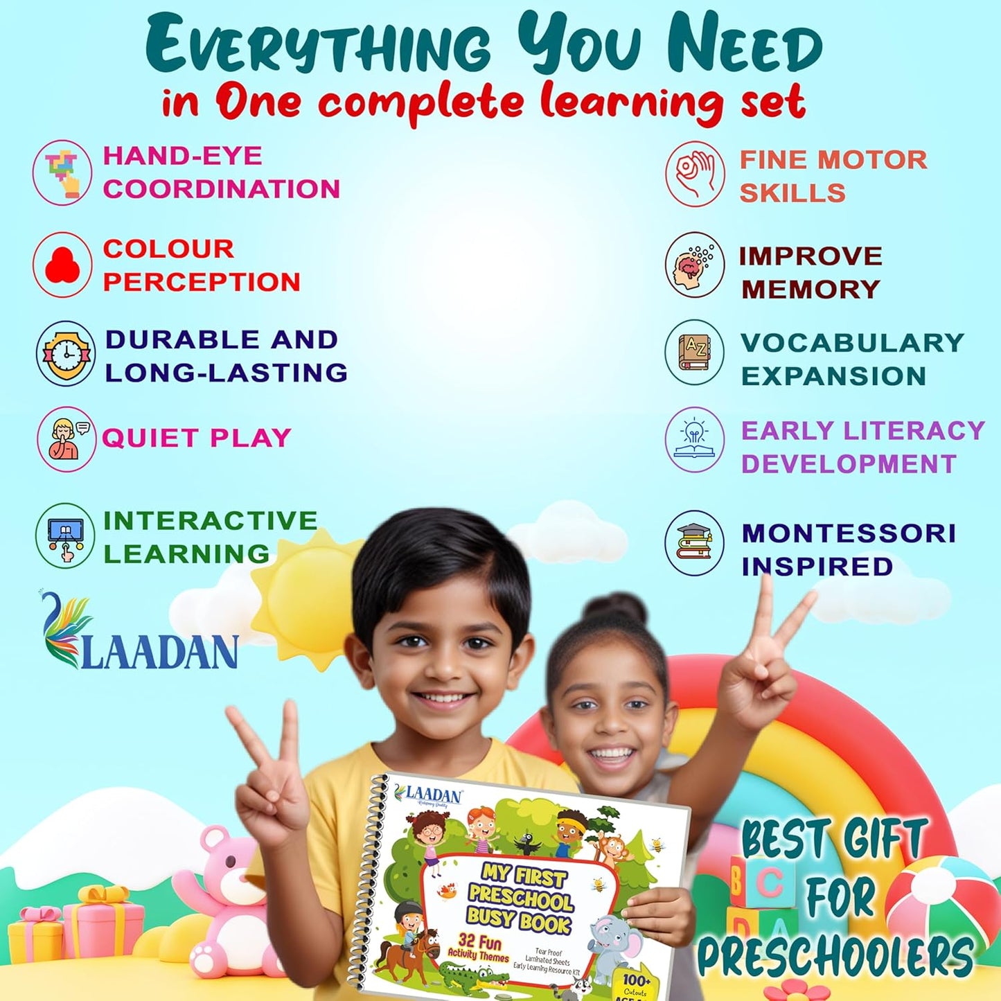 Laadan My First Preschool Busy Book – Montessori Activity Book for Toddlers & Early Learners